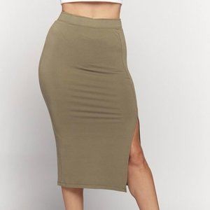 Heart & Hips Olive Fitted Bodycon Knit High Waist Pencil Side Slit Midi Skirt